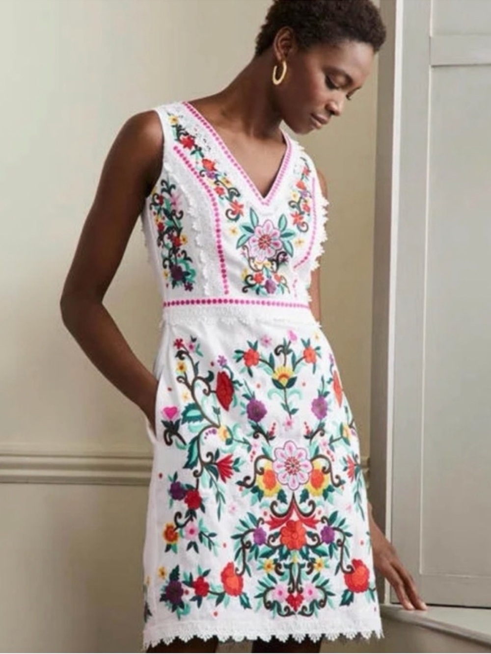 ♥️🩷 Boden ornate embroidered V-neck lace edge sleeveless midi dress 14 FLAW